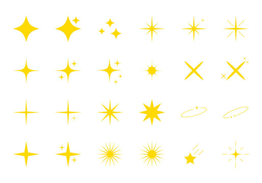 Yellow sparkles set, vector sparkling stars, shiny flashes of fireworks. Set of star elements of various shapes
