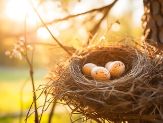 Obraz premium Easter eggs in a bird's nest, natural setting, symbol of new beginnings