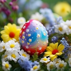Rainbow Easter egg nestled in spring flowers, macro shot, vibrant and fresh