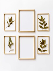 Empty golden frames on white background with copy space and green wet leaves, AI generator