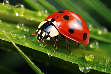 Ladybug on Dewy Grass Close-up of a ladybug on vibrant green grass with morning dew, symbolizing the freshness of spring  Generative AI, 