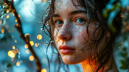 Foto op Plexiglas Close-up portrait of a beautiful young woman with wet hair and freckles on her face.  © korkut82