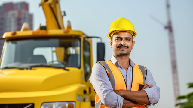 Portrait of indian crane operator daily work construction site construction site background of yellow heavy duty crane parked on the construction site. LTM mobile crane. Telescopic truck mounted crane