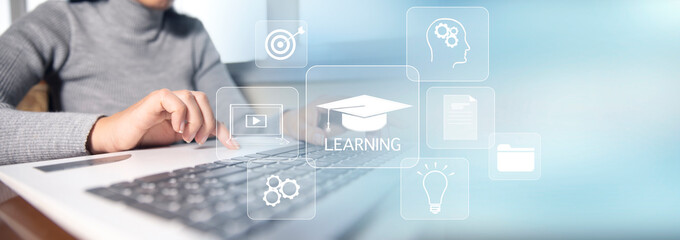 Concept of Online education. man use Online education