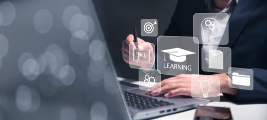 Concept of Online education. man use Online education