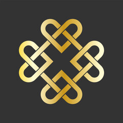 Celtic shamrock knot. Golden heart, symbol of love. Endless loop. Vector on black background
