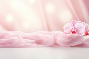 Beautiful scene stage for montage your products, presentation or promotion sale against tender pink silk background with orchids. Show case for natural cosmetic or food products. Template