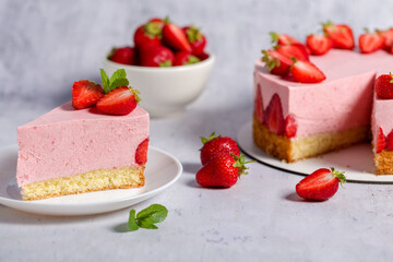 Strawberry cake. Menu concept. Homemade strawberry cake decorated with strawberries and mint leaves