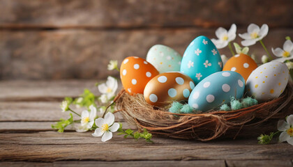 Obraz na płótnie Canvas Happy Easter - nest with Easter eggs on wooden background with copy space
