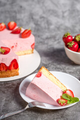Strawberry cake. Menu concept. Homemade strawberry cake decorated with strawberries and mint leaves