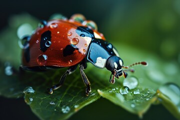 Obraz premium A red ladybug sitting quietly on a leaf. Generative AI.