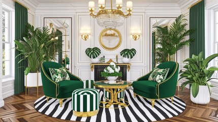 Luxurious interior of a spacious living room with green velvet armchairs, golden accents, and large potted plants by the windows, reflecting opulence and a touch of nature