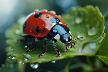 Fototapeta premium A red ladybug sitting quietly on a leaf. Generative AI.