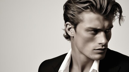 portrait of a Fashion model in black and white, Attractive man, hair style, look