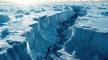 Ice sheet, Iceberg, Ice surface, Cracks, Top view. Generative AI.