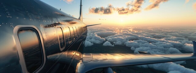 Close-Up View of an Airplane Wing with a Stunning Cloudscape and Sunrise in the Background