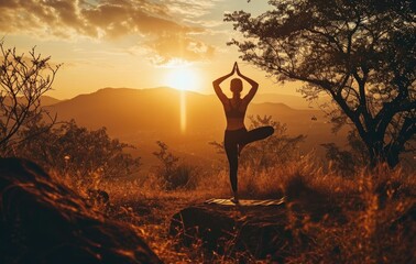 Person Meditating in Tree Pose at Sunset in a Serene Mountainous Landscape