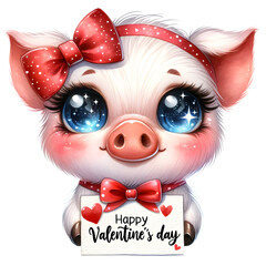 Cute Piglet with Valentine's Greeting Watercolor Clipart

