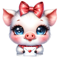 Valentine's Watercolor Piglet with Love Letter Clipart
