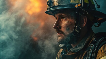 Close-Up of Firefighter's Face with Reflective Visor and Smoke - obrazy, fototapety, plakaty
