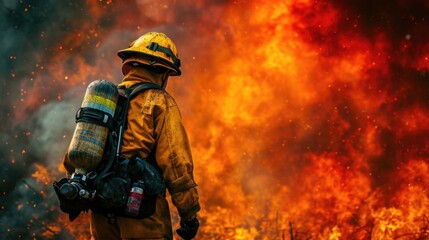 Firefighter Standing Against a Backdrop of Raging Fire
