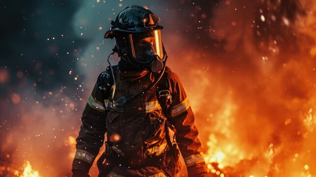 Firefighter Facing Inferno, Ready for Action