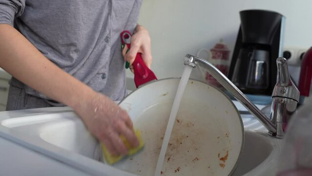 dirty greasy frying pan with burnt food residue