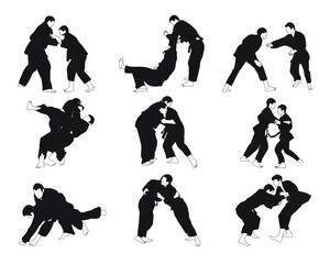Collection of judoka silhouettes, isolated vector