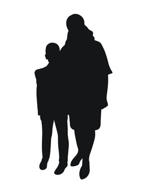Black silhouette of mother with her son, a grandmother with her grandson, a teacher with a student, hugging, isolated vector