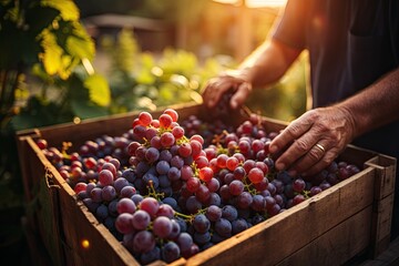 Unrecognizable man holding grapes in wooden box in vineyard in autumn, harvest concept. wine...