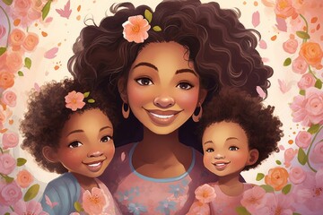 Illustration of a black woman with her baby watercolor painting style.