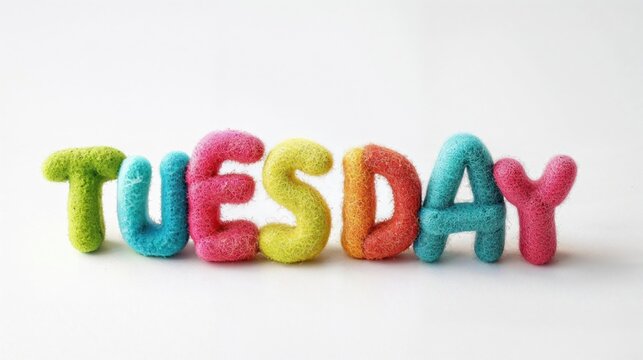 The word Tuesday in colorful felt letters on white background