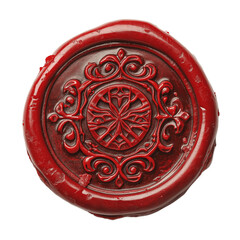 A circular medieval red wax seal with a retro official symmetrical pattern design, isolated against a transparent background - Generative AI