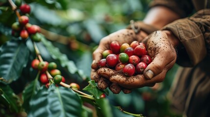 Close up hands showing freshly picked coffee, In coffee plantation. Generative AI.