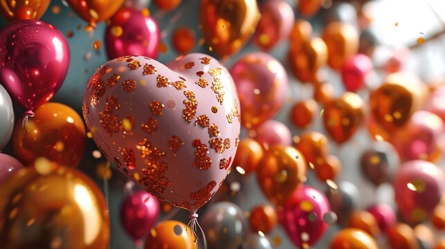 Fototapeta Multicolored Balloon Love Heart, Pink, Orange and Gold Balloons arranged in a heart shape, 3D Render. Generative AI.