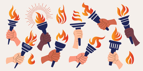 Torch, Flame, Hand. Torch in hand set. Vector isolated burning torches flames in hands. Symbols of relay race, competition victory, champion.
