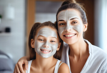 Portrait of mother and her daughter with moisturizing facial masks. Beauty treatments, Wellness and SPA concept