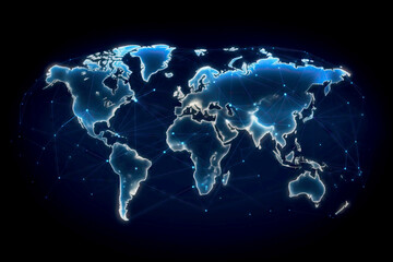 Abstract digital graphic world map with glowing contour line on dark blue background.