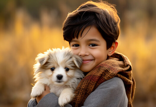 Smiling handsome young boy holding a puppy dog looking at camera on soft blurred background outdoors