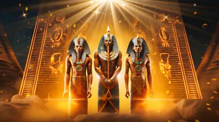 Illustration for casino slot games. Egyptian mythology. Pharaoh. Golden coins, egyptian architecture and desert and sand on the background.	
