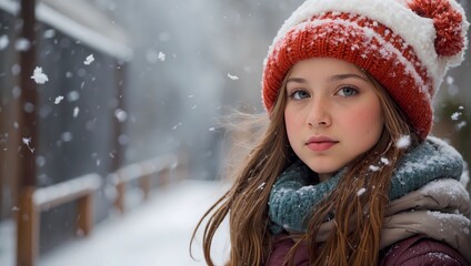 portrait of a woman in winter, snow and a girl in a knitted hat.