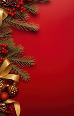 Christmas decoration with Christmas fir branches with gold ribbon, red decoration, red background