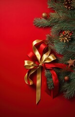 Christmas decoration with Christmas fir branches with gold ribbon, red decoration, red background