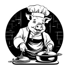 Cheerful Pig Cooking Gourmet Meal Vecto