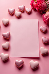 Valentine card with roses and hearts, pink empty paper with copy space, top down. Valentine's day, women's day poster, flyer, invitation. Generative AI.