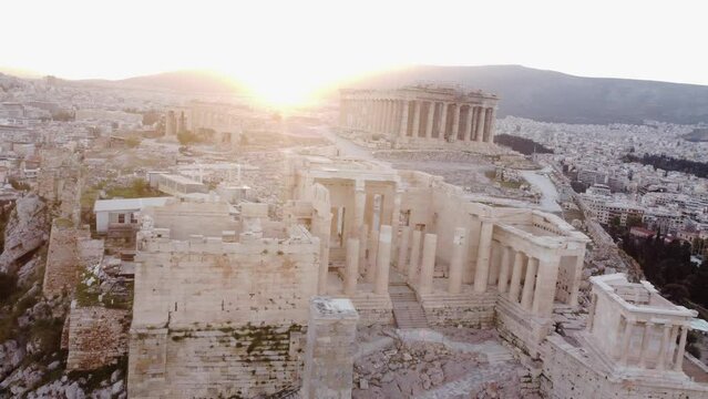 4k Cinematic Aerial Acropolis Shine Sunrise Athens Greece Scenic Parthenon
