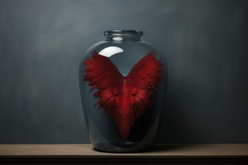 Red wings bird in glass jar. Generative AI