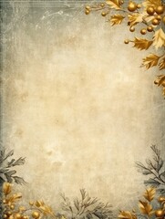 Gold christmas border, muted colors, distressed, aged linen paper, centre white rectangle