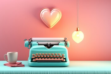 Cute typewriter on pink background. Generative AI - obrazy, fototapety, plakaty