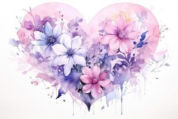 Watercolor Floral Heart Isolated on White Background. Generative AI